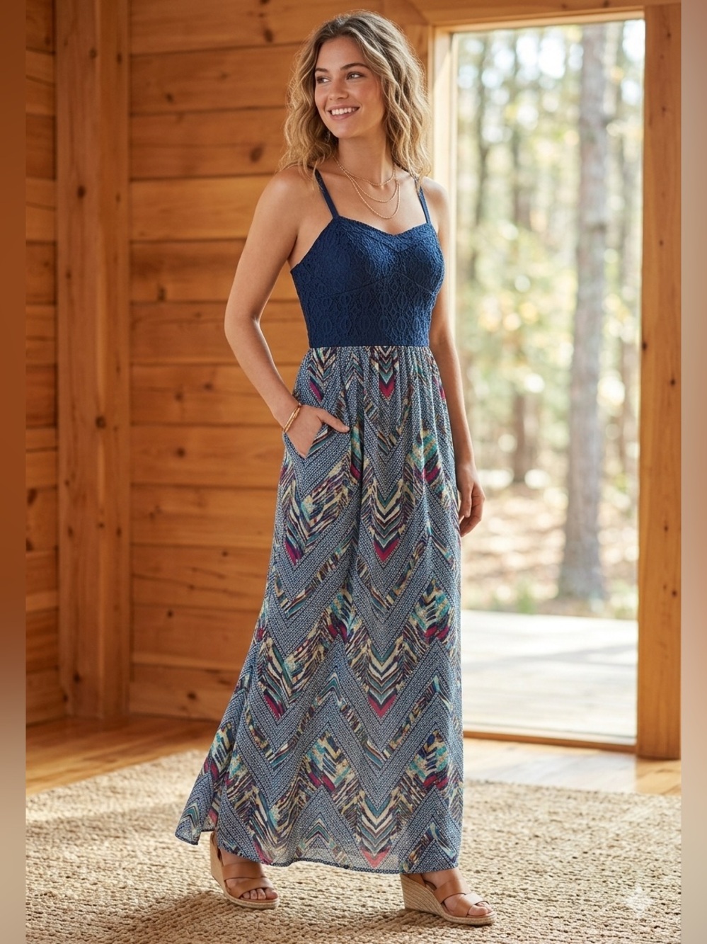 Lily Rose Mixed Media Maxi Dress Navy Blue Lace Bodice Geometric Chevron Ikat